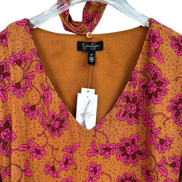 Jessica Simpson Plus NWT Penelope Floral Print Neck Tie Long Sleeve Top - Picture 7 of 12
